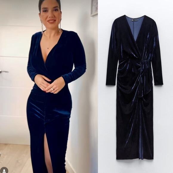 ZARA RUCHED VELVET MIDI DRESS - Picture 1 of 12